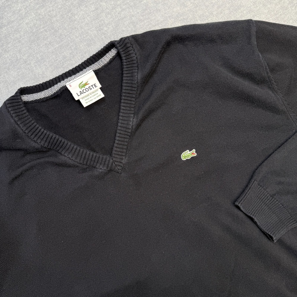 Lacoste Sweater Mens 8 3XL Black V-Neck Cotton‎ Knit Jumper Lightweight Preppy